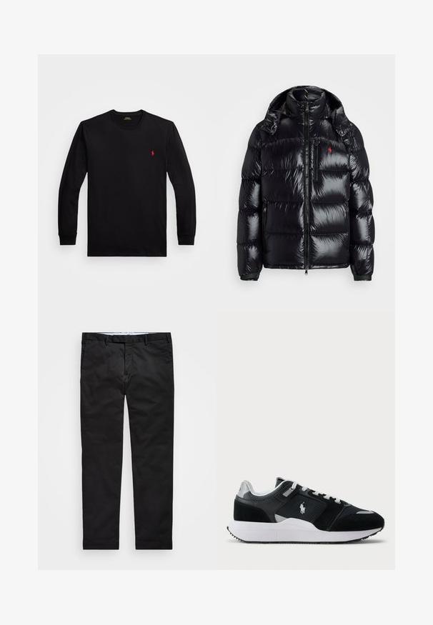 Casaco puffer preto com um design brilhante e acolchoado. Apresenta um colarinho alto, dois bolsos com zíper e um pequeno logótipo no peito.; T-shirt de algodão preto de manga longa com punhos ribateados, decote redondo e um pequeno logótipo vermelho no lado esquerdo do peito. Textura suave, design ajustado.; Chinos pretos com um corte reto, feitos de tecido em mistura de algodão, apresentando fecho de zíper, passantes para cinto e bolsos laterais. Textura suave.; Sapatilha baixa em preto e branco com parte superior em malha e camurça, atacadores brancos, sola branca e um logo de jogador de polo na lateral.