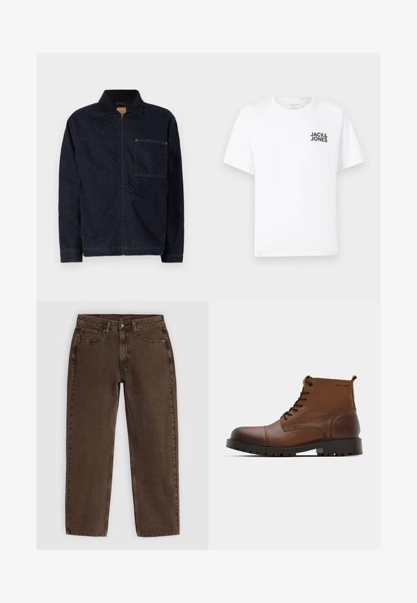 Tamsiai mėlynas džinsinis švarkas su užtrauktuku, ilgomis rankovėmis, apykakle ir krūtine kišene. Papuoštas oranžiniais siūlais ir turi lygų paviršių.; Balta medvilnės marškinėliai su trumpomis rankovėmis ir apvalia kaklo iškirpte. Kairėje krūtinės pusėje yra juodas tekstas "JACK & JONES". Paprastas, vientisas dizainas.; Rudos džinsai, tiesaus kirpimo, su penkiomis kišenėmis, priekinio mygtuko uždarymu ir minimaliais siūlių detalėmis. Minkšta tekstūra su matinio paviršiaus apdaila.; Rudos odinės kulkšninių botai su apvalia nosimi, juodomis nėriniuotėmis ir tekstūruotu guminiu padu. Šonuose yra logotipo detalė ir lygus paviršius.