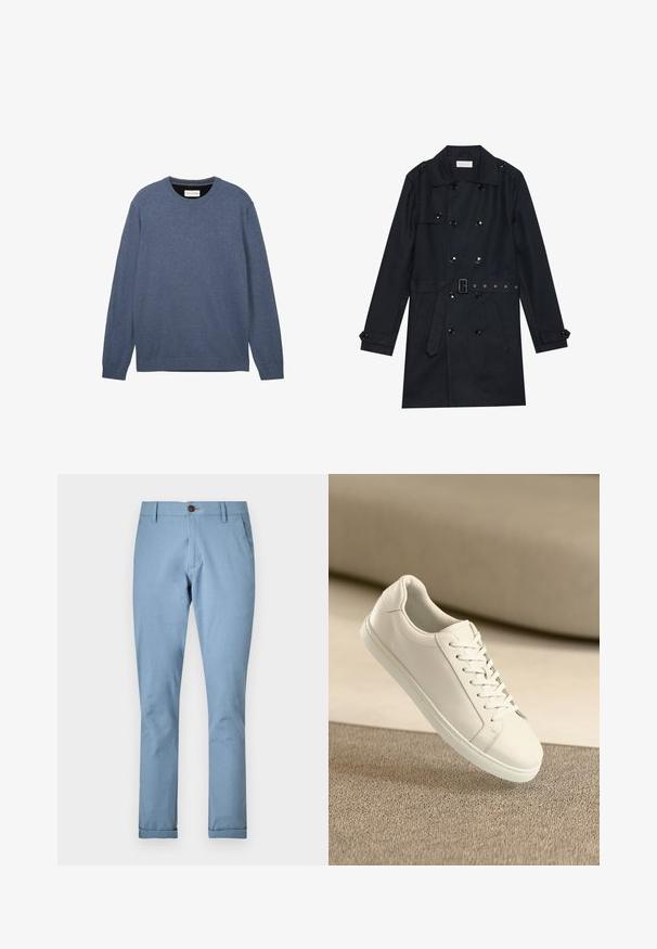 Juodas tranšėja, turinti dvigubo mygtuko dizainą, blizgius juodus mygtukus, diržą ant liemens ir dvi priekinės kišenes. Sklandžią, tekstūruotą medžiagą.; Tamsiai mėlynas džemperis su apvalia iškirpte, pagamintas iš minkštos medžiagos su lygiu paviršiumi, turi ilgus rankovės ir gumbais išsikišusį apykaklę.; Šviesiai mėlyni kelniai, pagaminti iš audinio, su mygtuku užsegimu ir standartinėmis kišenėmis, su siaurėjančia forma ir apipjaustytais kraštais.; Balta odinė sportinė avalynė su baltais raišteliais, išdėstyta ant rausvo tekstūruoto paviršiaus ir minkšto neryškaus fono.