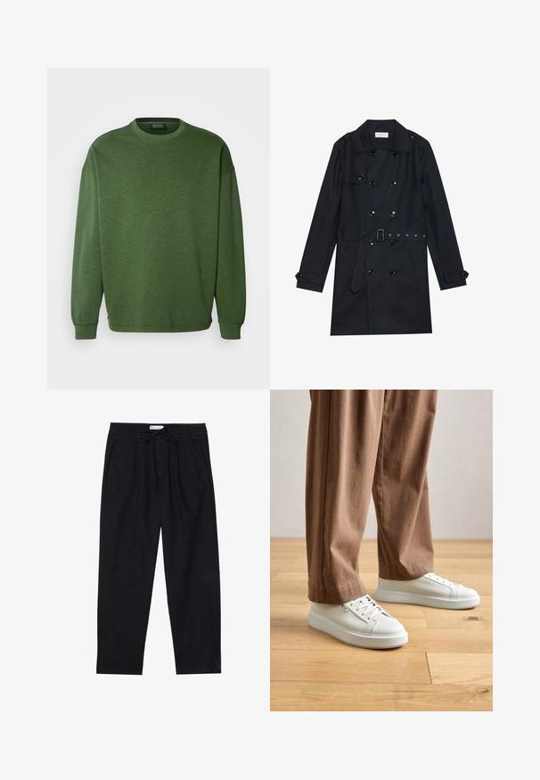 Manteau noir en trench coat avec un design double boutonnage, boutons noirs brillants, taille ceinturée et deux poches avant. Tissu lisse et texturé.; Un sweat-shirt vert avec un col rond, une coupe décontractée et des manches longues. Fabriqué à partir d'un tissu texturé avec des poignets et un ourlet côtelés.; Pier One Chino - black; Personne portant des baskets basses blanches texturées et un pantalon marron ample, debout sur un sol en bois clair.