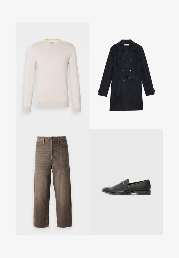 Black trench coat featuring double-breasted design, shiny black buttons, a belted waist, and two front pockets. Smooth, textured fabric.; Light beige knit sweater with long sleeves, round neckline, and subtle ribbed cuffs. Features a small gold logo on the chest.; Brown wide-leg jeans made from denim. Features a zip fly, belt loops, and five pockets. The fabric shows a faded, textured appearance.; Black leather loafer with a smooth finish, featuring a stitched design and a decorative metal chain accent across the vamp. Flat heel.