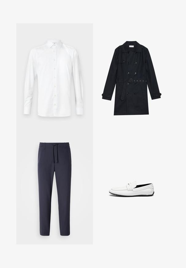 Μαύρο παλτό με διπλή ζώνη, γυαλιστερά μαύρα κουμπιά, μέση με ζώνη και δύο μπροστινές τσέπες. Λείο, υφασμάτινο υλικό.; Λευκή μακρυμάνικη μπλούζα από λείο ύφασμα, με κλασικό γιακά, κουμπιά μπροστά και κουμπωτές μανσέτες. Απλός, καθαρός σχεδιασμός.; Ναυτικές παντελόνες jogging με ελαστική μέση και κορδόνι. Φτιαγμένο από μαλακό υλικό, με tapered πόδια και χωρίς ορατές τσέπες.; Λευκοί δερμάτινοι loafers με λείο φινίρισμα, που διαθέτουν ραμμένο σχέδιο, στρογγυλή μύτη και μαύρη καουτσούκ σόλα για πρόσφυση.