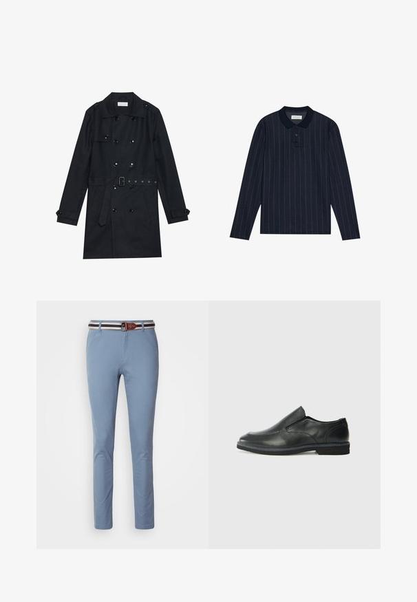 Juodas tranšėja, turinti dvigubo mygtuko dizainą, blizgius juodus mygtukus, diržą ant liemens ir dvi priekinės kišenes. Sklandžią, tekstūruotą medžiagą.; Jūros mėlynos ilgos rankovės polo marškiniai su apykaklės iškirpte, su plonomis vertikaliomis juostelėmis ir trims mygtukais. Minkšta audinio tekstūra.; Šviesiai mėlynos, į flašą prisitaikančios kelnės, papildytos rudos odos diržu su baltais ir tamsiai mėlynais dryžiais. Lygus audinio paviršius, klasikinis dizainas.; Juodai odiniai įtvirtinimo batai su lygiu paviršiumi, siuvinėjimo akcentais, apvalia nosimi ir žemu guminiu kulnu. Pado raštas minimalus.