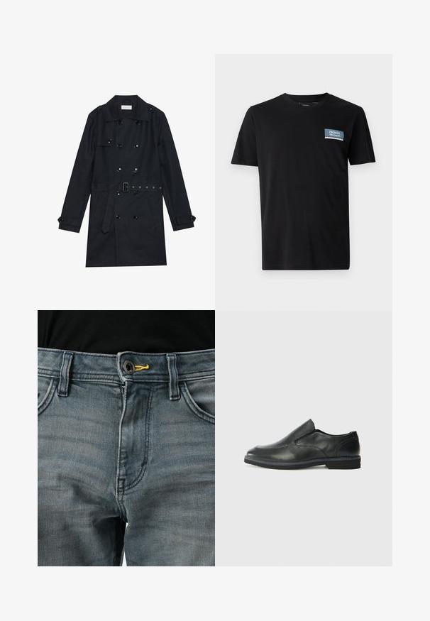 Črn plašč s dvojno zapenjanje, sijočimi črnimi gumbi, pasom in dvema sprednjima žepoma. Gladek, teksturiran material.; Črna majica s kratkimi rokavi, izdelana iz mehkega blaga, z modrim pravokotnim križem z napisom "DENIM TOM TAILOR" na levi strani prsnega koša.; Bledi modri kavbojki z gumbom za zapiranje, rumeno obrobo ob pasu in klasičnim dizajnom s petimi žepi. Tekstura se zdi mehka in obrabljena.; Črne usnjene natikače z gladkim zgornjim delom, prišitimi detajli, zaobljenim nosom in nizkim gumijastim petkom. Podplat ima minimalen profil.