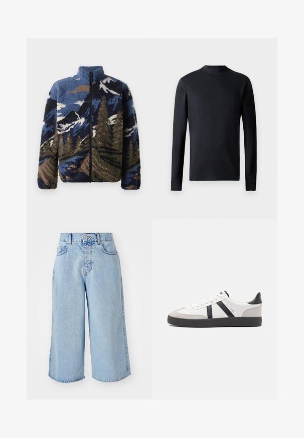 Vilnonis švarkas su aukštu apykakle, papuoštas daugiaspalviu kalnų peizažo raštu mėlynos, rudos ir žalios spalvų; priekyje su užtrauktuku.; Juodas ilgomis rankovėmis marškinys, pagamintas iš glotnaus audinio, su apvaliu kaklu ir prigludusiomis rankovėmis. Paprastas dizainas be raštų ar dekoracijų.; Šviesiai mėlynos džinsinės culotte šortai su aukštu juosmens, penkių kišenių dizainu ir laisvu siluetu. Nuoširdi tekstūra ir dvigubai siuvinėtos kraštinės.; Balti sportbačiai su juodais ir pilkais akcentais, pasižymintys tekstūruotu pilku pirštų dangteliu, juoda gumine padais ir plokščiomis baltomis raišteliais. Švarus dizainas, minimalistinis stilius.