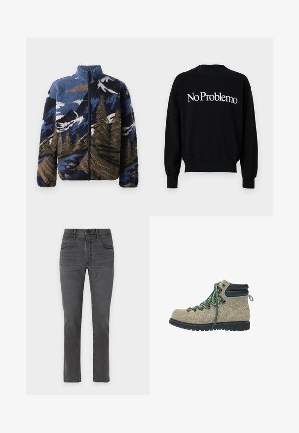 Džepna jakna od flisa s visokim ovratnikom, s uzorkom planinskog krajolika u više boja u nijansama plave, smeđe i zelene; zatvarač sprijeda.; Crna majica s dugim rukavima, okrugli izrez, s bijelim natpisom "NoProblemo" preko grudnog dijela. Rebraste manžete i donji rub, mekan tekstil.; Sive traperice s ravnim nogavicama, pet džepova i patentnim zatvaračem sprijeda. Imaju suptilno blijeđenje i kontrastne šavove.; Cipele za planinarenje od bež teksturiranog materijala s zelenim i bež vezicama, crnim podstavljenim ovratnikom oko zapešća i debelim crnim robusnim potplatom.