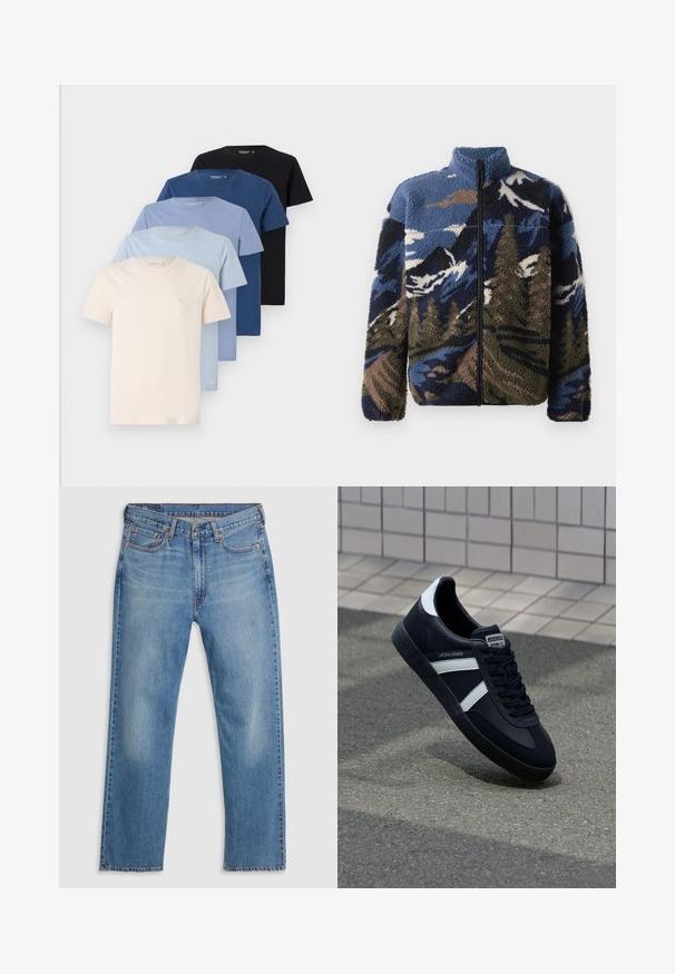 Fleecejacke mit hohem Kragen, mit einem mehrfarbigen Berglandschaftsmuster in Blau-, Braun- und Grüntönen; Frontreißverschluss.; Kollektion von fünf Rundhalsausschnitt-T-Shirts in Cremetönen, Hellblau, Dunkelblau und Schwarz, aus weichem Baumwollmaterial, mit schlichtem Design.; Blaue gerade geschnittene Denim-Jeans mit vorne liegendem Knopf- und Reißverschluss, Gürtelschlaufen und Fünf-Taschen-Design auf weißem Hintergrund.; Schwarze Leder-Sneaker mit weißen Streifen, strukturiertem Gummisohle und Schnürung. Verfügt über ein Markenetikett auf der Zunge.