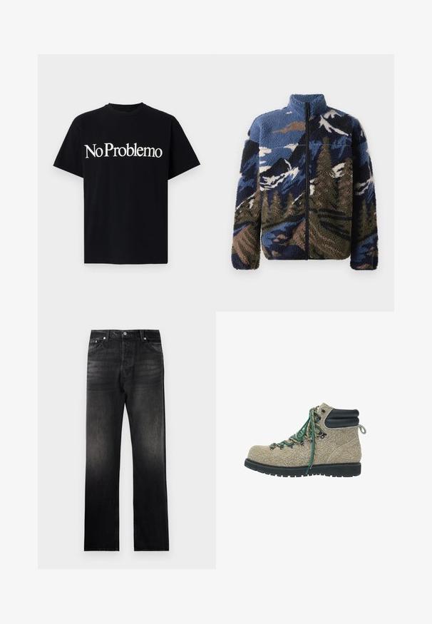 Fleecejacke mit hohem Kragen, mit einem mehrfarbigen Berglandschaftsmuster in Blau-, Braun- und Grüntönen; Frontreißverschluss.; Schwarzes Baumwoll-T-Shirt mit kurzen Ärmeln und Rundhalsausschnitt. Der Frontdruck lautet "No Problemo" in großer weißer Schrift.; Schwarze Jeans mit geradem Bein, die einen verblassten Farbverlauf aufweisen, eine Fünf-Taschen-Design haben und mit Metallakzenten versehen sind.; Wanderschuh aus beigem Textilmaterial mit grünen und beigen Schnürsenkeln, schwarzem gepolstertem Knöchelkragen und dicker, schwarzer, robuster Sohle.