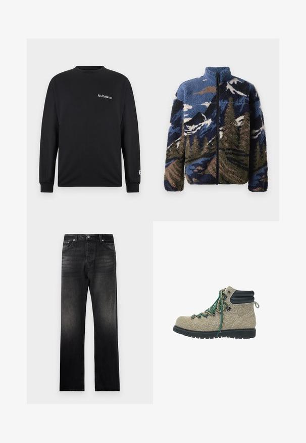 Fleecejas met hoge kraag, voorzien van een meerkleurig berglandschappatroon in blauwtinten, bruintinten en groentinten; met een ritssluiting aan de voorkant.; Zwart langearm T-shirt van katoen. Bevat de tekst "No Problemo" op de borst en een logo op de mouw. Ronde halslijn en aansluitende manchetten.; Zwarte denim jeans met een rechte pijp, voorzien van een vervaagde gradient-effect, vijf zakken ontwerp en metalen hardware accenten.; Wandelboot in beige textuur materiaal met groene en beige veters, zwart gewatteerd enkelkraag en dikke zwarte robuuste zool.