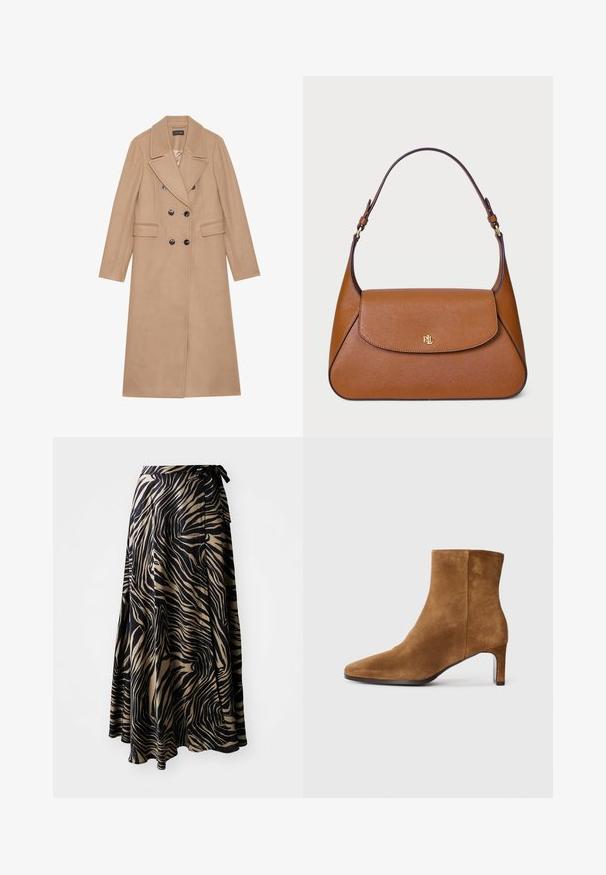 Beige, dupla gombos kabát, élekkel, puha anyagból készült. Fekete gombokkal és két elülső zsebbel rendelkezik. Hosszú ujjak jellemzik.; Puha kötött anyagból készült bézs garbópulóver, hosszú ujjakkal és diszkrét márkalogóval a mellkason. Bordázott mandzsetta és alsó szegély.; Fekete és bézs zebra mintás rakott szoknya. Könnyű anyagból készült, laza fazonú, megkötős derékkal és aszimmetrikus szegéllyel.; Barna velúr bokacsizma hegyes orral és vékony, közepes magas sarkal, oldalnézetben, sima fehér háttéren.; Barna bőr kézitáska, strukturált dizájnnal, lapos fedéllel és egyetlen ívelt pánttal. Arany színű fémrészekkel és dombornyomott logóval rendelkezik.