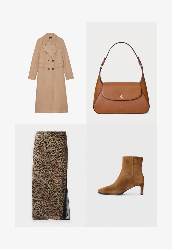 Bež plašč z dvojnim zapenjanjem in ovratnikom, izdelan iz mehke tkanine. Ima črne gumbe in dva sprednja žepa. Z dolgimi rokavi.; Bež pulover s turtleneck ovratnikom, izdelan iz mehke pletene tkanine, z dolgimi rokavi in diskretnim logotipom blagovne znamke na prsih. Splošči robovi in krage.; Midijev krilo v leopardjem vzorcu z oblikovanim krojem, prozornim čipkastim stranskim panelom in gladko teksturo blaga v zemeljskih tonih.; Rjave semiš gležnjarji s konicami in oprsjem srednje višine, stranski pogled na enobarvno belo ozadje.; Rjava usnjena torbica s strukturirano zasnovo, ravno zgornjo pokrovko in eno ukrivljeno naramnico. Ima zlato strojno opremo z odtisnjenim logotipom.