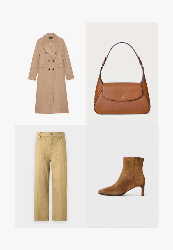 Beige dvouřadový kabát s klopovým límcem vyrobený z měkké tkaniny. Obsahuje černé knoflíky a dvě přední kapsy. Dlouhé rukávy.; Béžový rolák vyrobený z měkké pleteniny, s dlouhými rukávy a jemným logem značky na hrudi. Žebrované manžety a lem.; Béžové bavlněné cargo kalhoty s vysokým pasem, dvěma předními kapsami a volným střihem. Obsahují zapínání na klips a zip vepředu.; Hnědá semišová kotníková bota s špičatou špičkou a štíhlým středně vysokým podpatkem, boční pohled na jednoduchém bílém pozadí.; Hnědá kožená kabelka se strukturovaným designem, plochým vrchním klopou a jedním zakřiveným popruhem. Obsahuje zlaté kovové prvky s embosovaným logem.