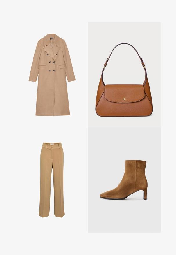 Beige, dubbelzijdig jasje met een gelapte kraag, gemaakt van een zachte stof. Heeft zwarte knopen en twee voorzakken. Lange mouwen.; Beige coltrui gemaakt van zacht breiwerk, met lange mouwen en een subtiele merklogo op de borst. Geribde manchetten en zoom.; Tan wijde broek met een gladde textuur, voorzien van een dubbele knoopsluiting en zijzakken. Vlakke voorkant met persplooidetail.; Bruine suède enkellaars met puntige neus en slanke middellange hak, zijaanzicht op een effen witte achtergrond.; Bruine leren handtas met een gestructureerd ontwerp, een platte bovenklep en een enkele gebogen schouderband. Voorzien van gouden hardware met een geperst logo.