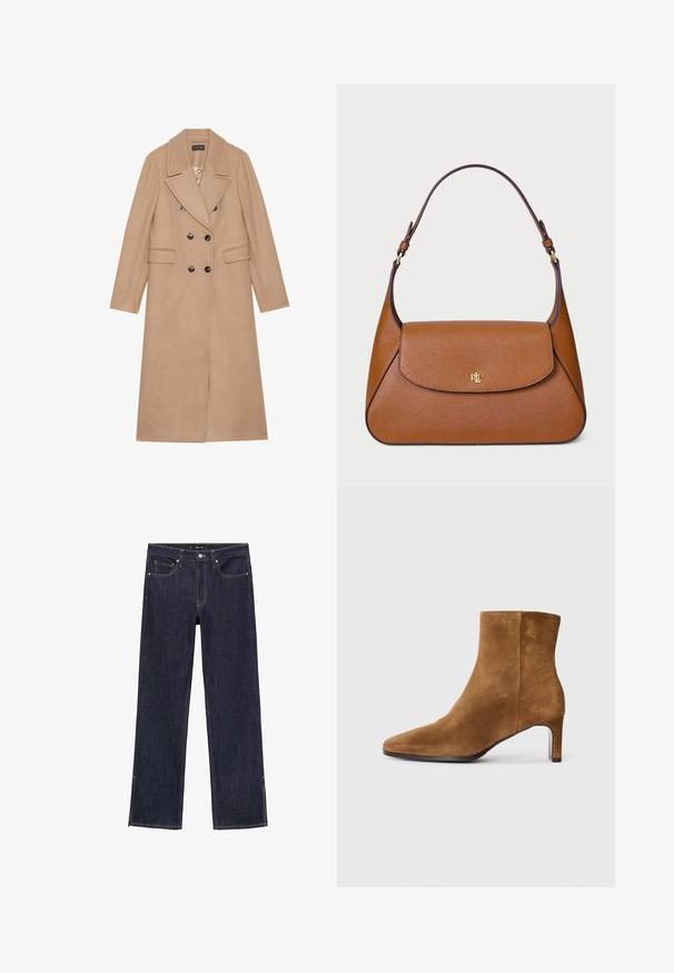 Cămașă bej, cu guler cu urechi, dintr-un material moale, cu două rânduri de nasturi negri și două buzunare în față. Design cu mâneci lungi.; Pulover bej cu guler înalt, realizat dintr-un material tricotat moale, având mâneci lungi și un logo subtil al brandului pe piept. Manșete și tiv cu nervuri.; Jeans din jeans de culoare albastru închis, cu un design cu picior drept, având cinci buzunare și cusături contrastante. Marginile au fante laterale pentru un detaliu suplimentar.; Botină din suede maro, cu vârf ascuțit și toc subțire de înălțime medie, văzută din lateral pe un fundal alb simplu.; Geantă de mână din piele maro cu un design structurat, o clapetă superioară plată și o curea curbă unică. Dispune de accesorii aurii cu logo embosat.