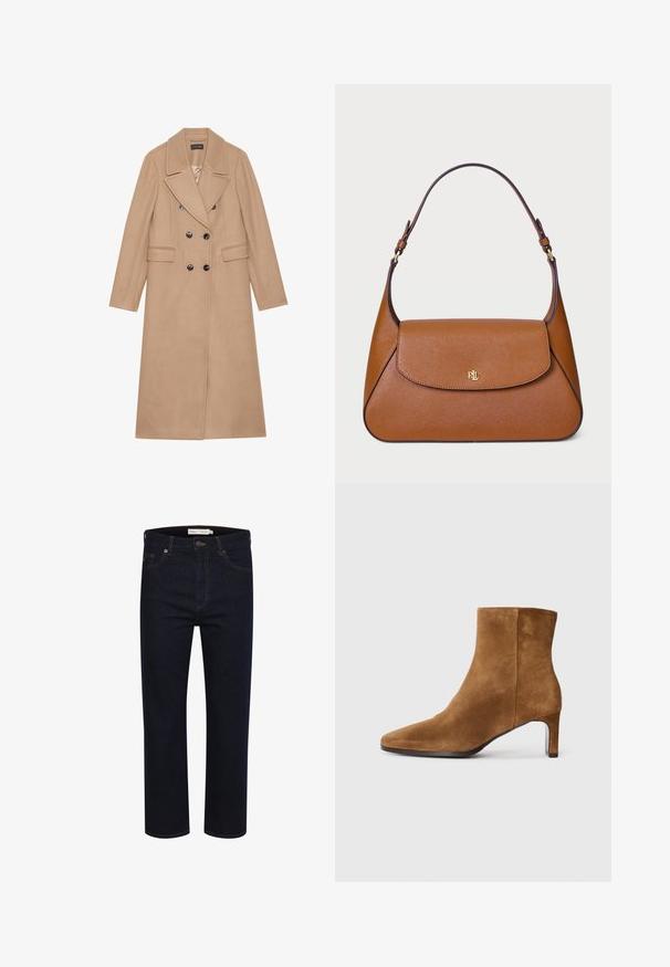 Manteau beige croisé avec un col à revers, fabriqué dans un tissu doux. Présente des boutons noirs et deux poches avant. Design à manches longues.; Pull à col roulé beige en tricot doux, avec des manches longues et un logo de la marque discret sur la poitrine. Poignets et ourlet côtelés.; Jeans en denim bleu foncé avec une coupe droite, un design à cinq poches, des coutures visibles et une fermeture à bouton classique à la taille.; Bottine en daim marron avec un bout pointu et un talon moyen slim, vue de côté sur fond blanc uni.; Sac à main en cuir marron au design structuré, avec un rabat plat en haut et une seule anse incurvée. Équipé de quincaillerie dorée avec un logo en relief.