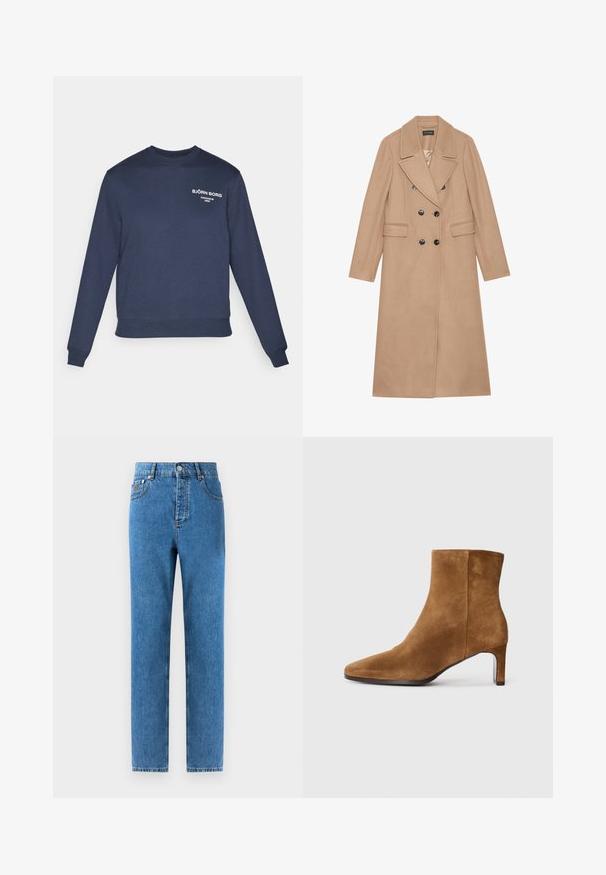 Cappotto beige doppiopetto con colletto a revers, realizzato in un tessuto morbido. Presenta bottoni neri e due tasche frontali. Design a maniche lunghe.; Felpa blu navy con maniche lunghe, polsini e orlo a costine. Presenta testo del logo bianco sul petto; il tessuto appare liscio e simile al cotone.; Jeans in denim di un blu medio con taglio dritto, cinque tasche, chiusura con bottone e leggera scoloritura sul tessuto per una variazione di texture sottile.; Stivaletto in camoscio marrone con punta affusolata e tacco medio sottile, vista laterale su sfondo bianco uniforme.