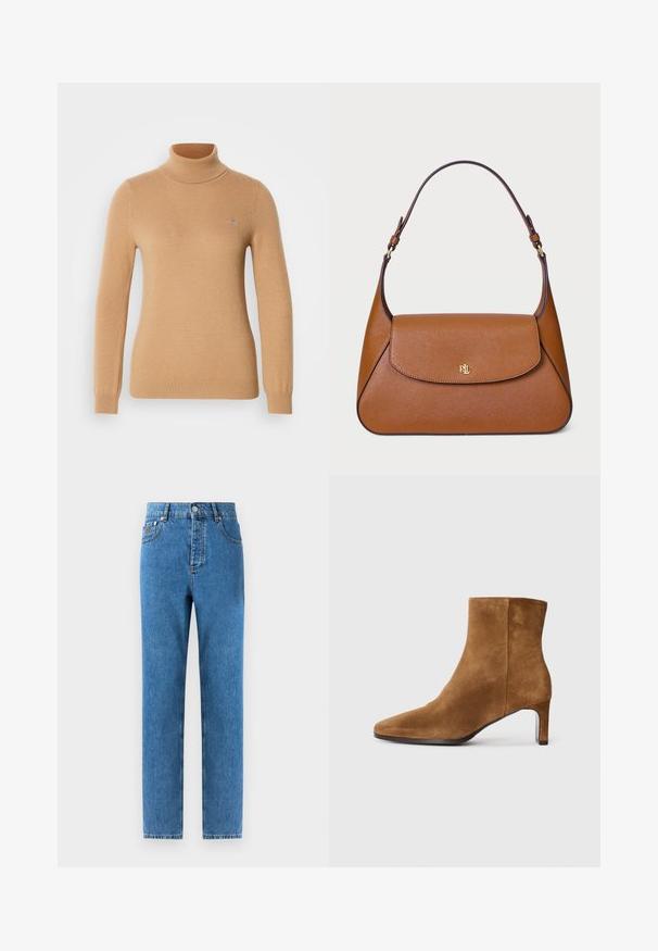Beige, dobbelspent kåpe med notched krage, laget av et mykt stoff. Har svarte knapper og to fork pocket. Langermet design.; Beige turtleneck-genser laget av myk strikket stoff, med lange ermer og en subtil merkevarelogo på brystet. Ribbestrikkede mansjetter og kant.; Jeans i middels blå farge med rett passform, fem lommer, knapper i front og lett falming på stoffet for en subtil teksturvariasjon.; Brune suédé ankelstøvle med spidse tæer og slank hæl i middehøjde, set fra siden på en helt hvid baggrund.; Brun skinnveske med en strukturert design, flat toppklaff og en enkelt buet stropp. Har gullhardware med preget logo.