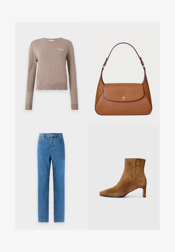 Beige, doppelt geknöpfter Mantel mit Reverskragen, aus einem weichen Stoff. Verfügt über schwarze Knöpfe und zwei Fronttaschen. Langärmliges Design.; Beige Strickpullover mit langen Ärmeln, Rundhalsausschnitt und gerippten Bündchen. Auf der Vorderseite befindet sich eine kleine weiße Stickerei mit "2ND DAY".; Denimjeans in mittelblau mit geradem Schnitt, fünf Taschen, Knopfverschluss und leichter Ausbleichung des Gewebes für subtile Texturvariationen.; Braunes Wildleder-Ankle Boot mit spitzem Schuh und schlankem, mittelhohem Absatz, seitliche Ansicht auf weißem Hintergrund.; Braune Lederhandtasche mit strukturiertem Design, einer flachen oberen Klappe und einem einzigen geschwungenen Tragegurt. Verfügt über goldene Hardware mit geprägtem Logo.