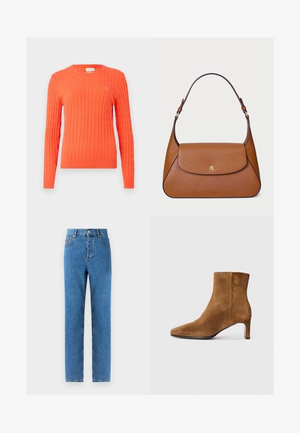 Beige, double-breasted coat with a notched collar, made of a soft fabric. Features black buttons and two front pockets. Long-sleeved design.; Orange knitted sweater with a cable pattern, round neckline, and ribbed cuffs. Features a small logo on the chest.; Denim jeans in medium blue with a straight cut, five pockets, a button fly, and light fading on the fabric for subtle texture variation.; Brown suede ankle boot with pointed toe and slim mid-height heel, side view on plain white background.; Brown leather handbag with a structured design, a flat top flap, and a single curved strap. Features gold hardware with embossed logo.