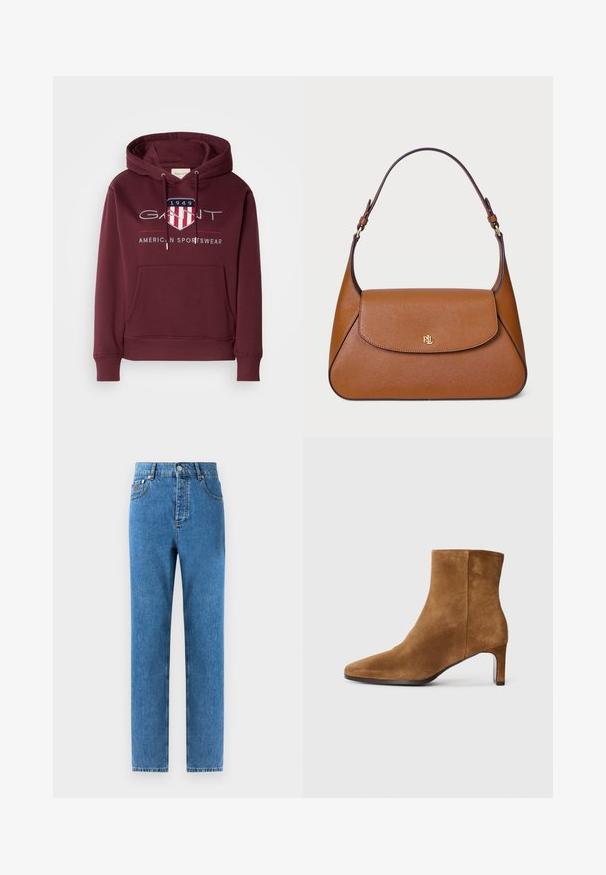 Manteau beige croisé avec un col à revers, fabriqué dans un tissu doux. Présente des boutons noirs et deux poches avant. Design à manches longues.; Haut à capuche bordeaux en tissu doux, avec une poche frontale, des cordons de serrage et un logo avec un blason et le texte "1949" sur la poitrine.; Jeans en denim bleu moyen avec une coupe droite, cinq poches, une braguette à boutons et un léger délavage sur le tissu pour une variation subtile de texture.; Bottine en daim marron avec un bout pointu et un talon moyen slim, vue de côté sur fond blanc uni.; Sac à main en cuir marron au design structuré, avec un rabat plat en haut et une seule anse incurvée. Équipé de quincaillerie dorée avec un logo en relief.