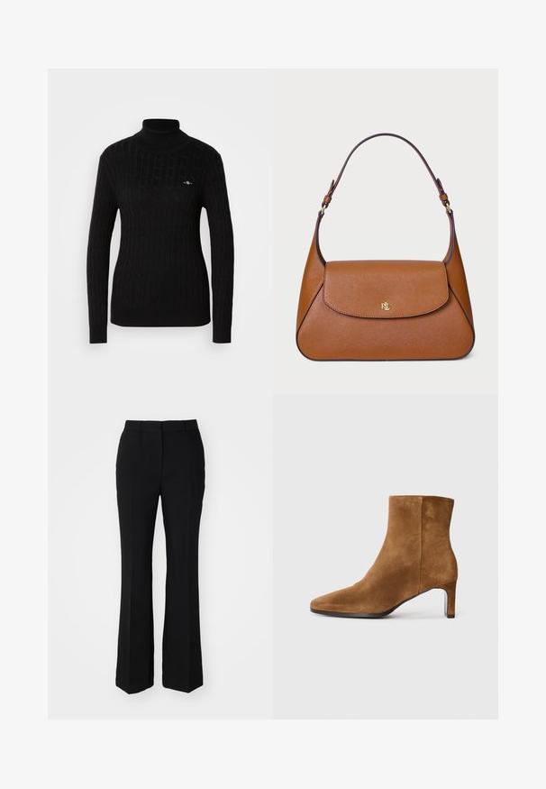 Beige, double-breasted coat with a notched collar, made of a soft fabric. Features black buttons and two front pockets. Long-sleeved design.; Black turtleneck sweater in a textured cable-knit design. Features long sleeves and a fitted silhouette. Small logo on the chest.; Black tailored trousers with a flared shape. Made of smooth fabric featuring front crease lines and a flat waistband. No visible pockets.; Brown suede ankle boot with pointed toe and slim mid-height heel, side view on plain white background.; Brown leather handbag with a structured design, a flat top flap, and a single curved strap. Features gold hardware with embossed logo.