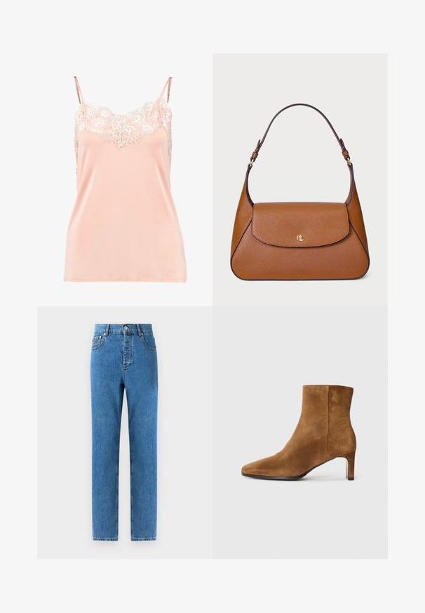 Beige, dubbelzijdig jasje met een gelapte kraag, gemaakt van een zachte stof. Heeft zwarte knopen en twee voorzakken. Lange mouwen.; Perzikkleurige cami met verstelbare bandjes, voorzien van een kantafwerking langs de halslijn. Gladde stof, zachte textuur en een relaxed fit.; Denim jeans in medium blauw met een rechte snit, vijf zakken, een knoopsluiting en een lichte vervaging van de stof voor een subtiele textuurvariatie.; Bruine suède enkellaars met puntige neus en slanke middellange hak, zijaanzicht op een effen witte achtergrond.; Bruine leren handtas met een gestructureerd ontwerp, een platte bovenklep en een enkele gebogen schouderband. Voorzien van gouden hardware met een geperst logo.