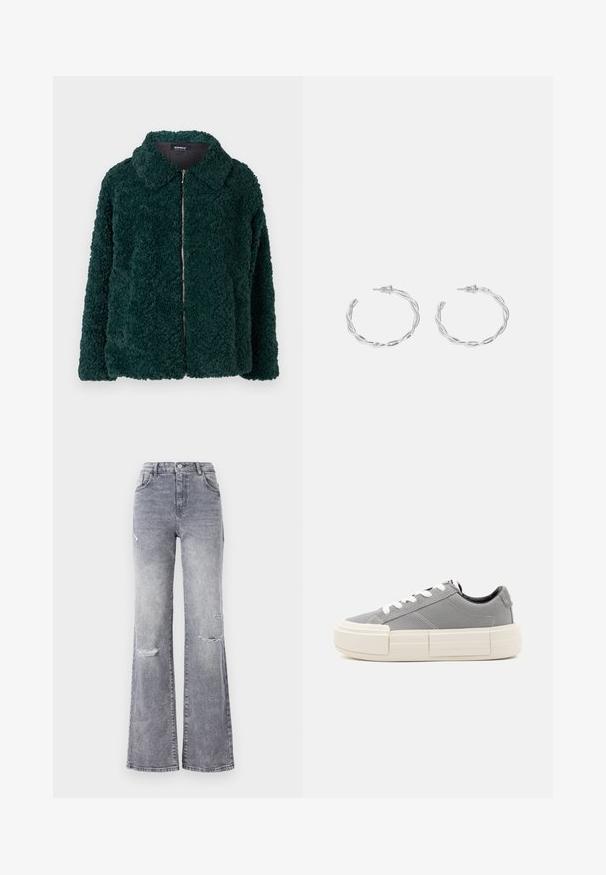 Zöld, bolyhos fleece dzseki galléros nyakkal és elülső cipzárral. Textúrázott felülettel és laza szabással rendelkezik.; Fehér ujjatlan trikó ribbed anyagból, lekerekített nyakkivágással és testhez simuló siluettel, minimális varrásokkal és díszítések nélkül.; Magas derekú szürke farmernadrág, szélesített lábbal, kopott térdrész részletekkel, klasszikus öt zsebes kialakítással és tonális varrással.; Alacsony szárú szürke vászon sneaker fehér fűzőkkel és vastag, törtfehér gumitalppal, amelyen téglalap alakú textúrák találhatók.; Ezüst karika fülbevalók csavart kialakítással, fényes felülettel és fülbevaló tűzáras zárással. Átmérőjük körülbelül 3 cm.