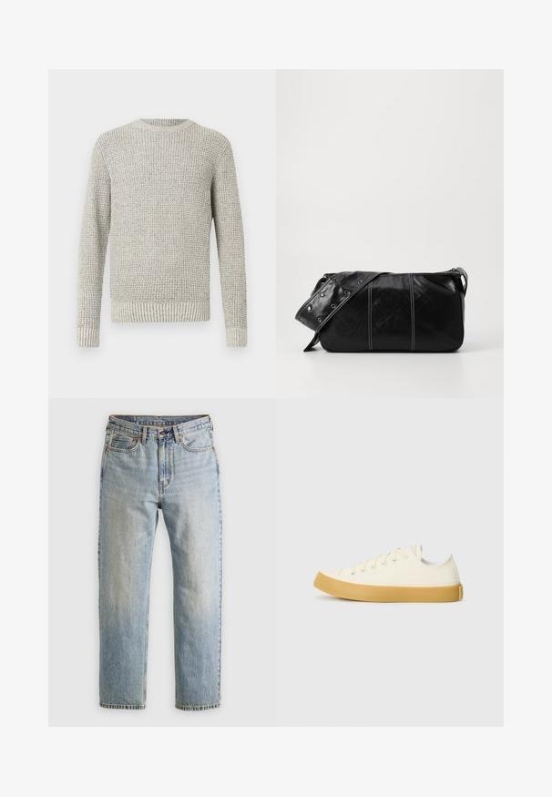 Puffer jacket in dark gray with a ribbed collar, full zip, and two front pockets. Quilted texture with a slightly cropped silhouette.; Light gray knitted sweater with a textured, ribbed pattern. Features a round neckline and long sleeves, finishing with ribbed cuffs and hem.; Light blue denim jeans with high waist, front button, zipper, and five-pocket design, laid flat on a neutral background.; Canvas sneakers in off-white with a round toe, featuring beige rubber soles and five eyelets for laces, textured finish on the upper.; Black leather shoulder bag with a zip closure, featuring a textured body, white stitching, and a strap with silver grommets.