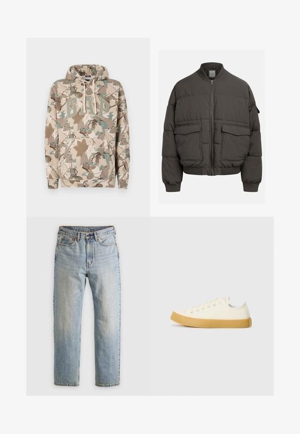 Oppustelig jakke i mørkegrå med ribbet krave, fuld lynlås og to for- lommer. Vatteret struktur med en let cropped silhuet.; Beige hoodie med et camouflage bladmønster, med et stort "GAP" logo i grønt og en frontlomme. Lavet af blødt, tekstureret stof.; Lysblå denim jeans med høj talje, frontknap, lynlås og fem-lomme design, lagt fladt på en neutral baggrund.; Læder sneakers i off-white med rund tå, der har beige gummisåler og fem øjer til snørebånd, struktureret finish på overdelen.
