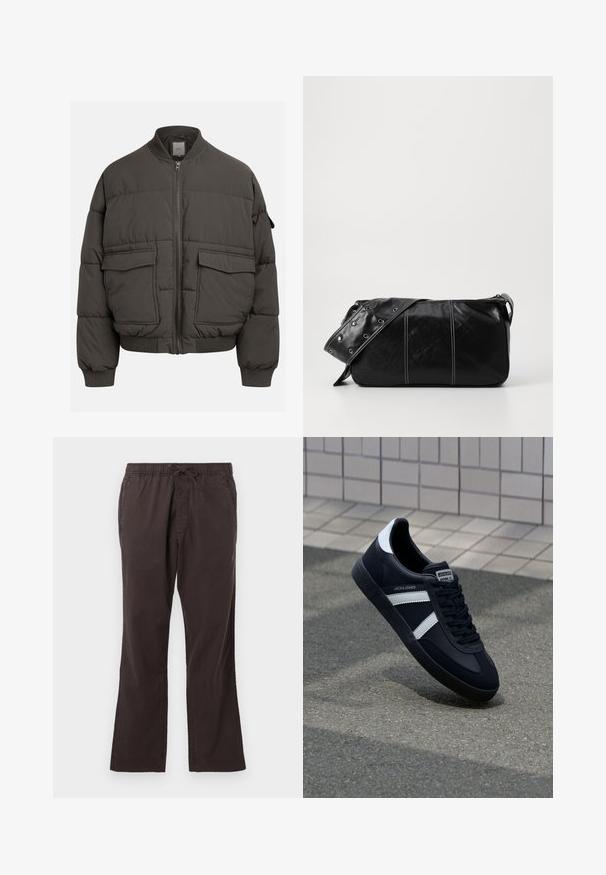 Kurtka puchowa w ciemnoszarym kolorze z prążkowanym kołnierzem, pełnym zamkiem i dwoma przednimi kieszeniami. Pikowana struktura z lekko skróconą sylwetką.; Kremowa bawełniana koszulka z krótkim rękawem i okrągłym dekoltem. Posiada graficzny nadruk w niebieskim i czerwonym kolorze z tekstem oraz motywem.; Ciemnobrązowe spodnie z elastycznym pasem i sznurkiem, charakteryzujące się prostą nogawką oraz gładkim, strukturalnym materiałem.; Czarne skórzane sneakersy z białymi paskami, teksturowana gumowa podeszwa i sznurowane z przodu. Posiadają metkę marki na języku.; Czarna skórzana torba na ramię z zamkiem błyskawicznym, charakteryzująca się teksturowanym korpusem, białymi przeszyciami oraz paskiem z srebrnymi osłonkami.