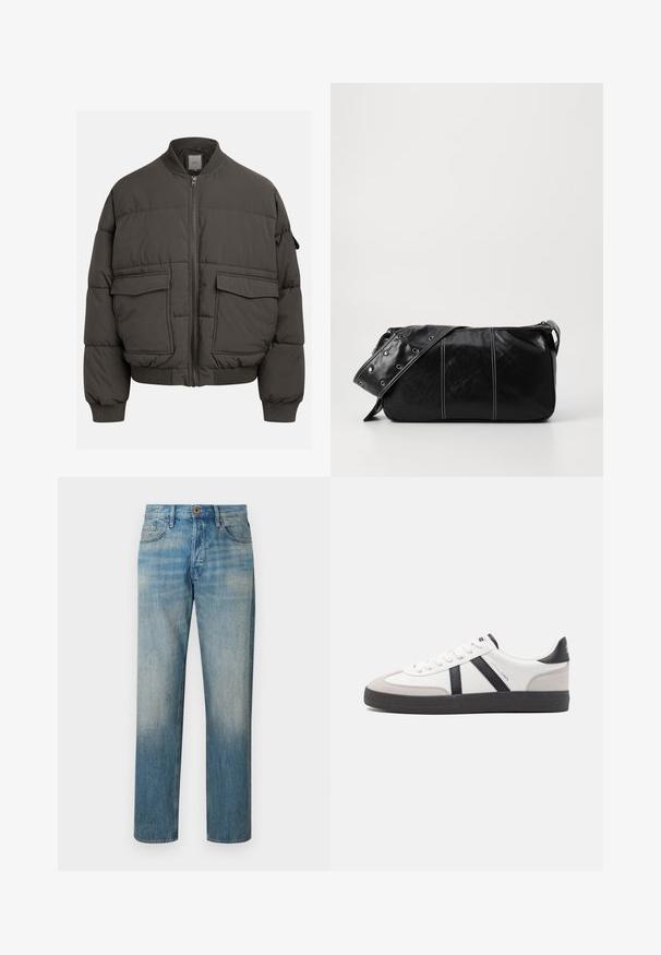 Tumši pelēks pūkains mētelis ar ribotu apkakli, pilnu rāvējslēdzēju un divām priekšējām kabatām. Kvadrātveida struktūra ar nedaudz saīsinātu siluetu.; Gai pelēks īsām piedurknēm T-kreklis ar apaļu kakla izgriezumu, attēlots uz baltas fona, priekšskats bez redzamām logo vai dizainiem.; Gai zils džinsu audums ar taisnu piegriezumu, ar pogu stiprinājumu, priekšējām kabatām un nemanāmu izbalēšanu ap augšstilbiem.; Baltas sneakeris ar melniem un pelēkiem akcentiem, kuram ir teksturēts pelēks purngals, melna gumijas zole un plakanas baltas šņores. Tīrs dizains, minimālisma stils.; Melnas ādas plecu soma ar rāvējslēdzēja aizdari, ar teksturētu virsmu, baltu dūrienu un siksnu ar sudraba iekavām.