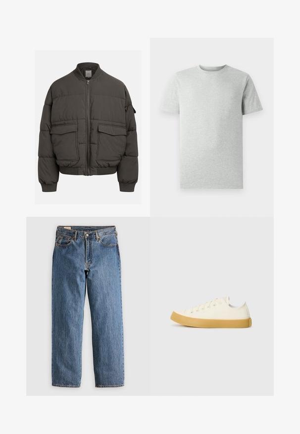 Sötét szürke puffernadrág, bordás gallérral, teljes cipzárral és két elülső zsebbel. Kockázott textúrával és enyhén rövidített szilhouette-val.; Egyszerű világosszürke, rövidujjú, kerek nyakú póló, fehér háttéren, elölnézetből, látható logók vagy minták nélkül.; Kék farmernadrág egyenes szabással, magas derekkal, réz szegecsekkel és narancssárga varrással. Elülső és hátsó zsebekkel rendelkezik.; Krémszínű vászon sportcipő, kerek orral, bézs gumi talppal és öt fűzőlyukkal, a felső részen texturált felülettel.