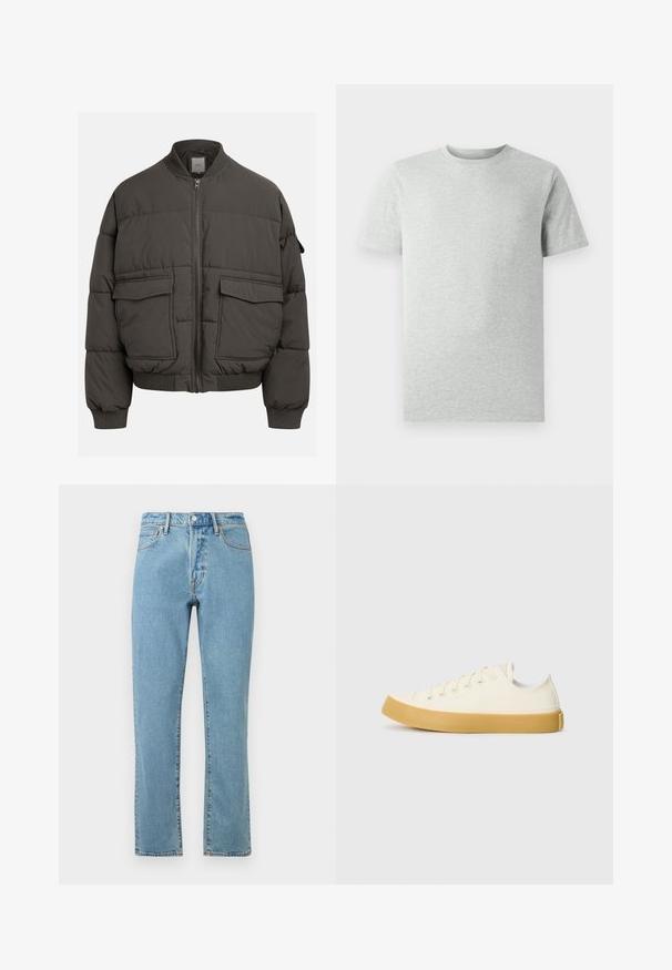 Sötét szürke puffernadrág, bordás gallérral, teljes cipzárral és két elülső zsebbel. Kockázott textúrával és enyhén rövidített szilhouette-val.; Egyszerű világosszürke, rövidujjú, kerek nyakú póló, fehér háttéren, elölnézetből, látható logók vagy minták nélkül.; Világoskék farmernadrág egyenes szárral, narancssárga varrással, gombos záródással és klasszikus öt zsebes kialakítással.; Krémszínű vászon sportcipő, kerek orral, bézs gumi talppal és öt fűzőlyukkal, a felső részen texturált felülettel.