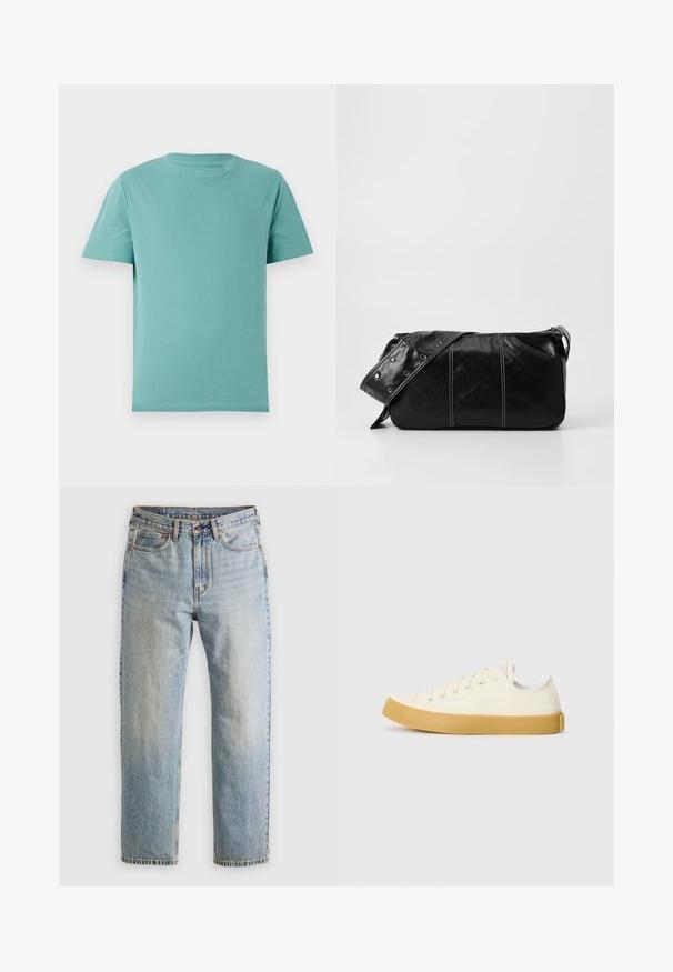 Jachetă puffer de culoare gri închis, cu guler ribflat, fermoar complet și două buzunare frontale. Textură matlasată cu o siluetă ușor scurtă.; Tricou din bumbac de culoare teal deschis, cu guler rotund și mâneci scurte. Textură netedă și design simplu, fără modele sau accente.; Jeans din denim de culoare albastru deschis, cu talie înaltă, nasture frontal, fermoar și design cu cinci buzunare, așezate platesc pe un fundal neutru.; Tenisi din pânză de culoare albă murdară, cu vârf rotund, dotati cu talpă din cauciuc bej și cinci găuri pentru șireturi, cu un finisaj texturat pe partea superioară.; Geantă de umăr din piele neagră cu închidere cu fermoar, având un corp texturat, cusături albe și o curea cu ochiuri argintii.