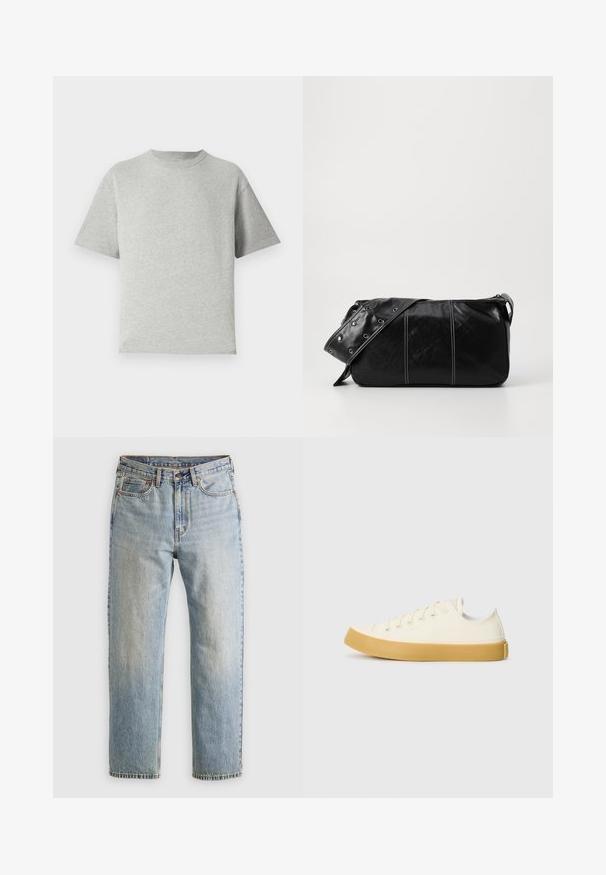 Puffer jacket in dark gray with a ribbed collar, full zip, and two front pockets. Quilted texture with a slightly cropped silhouette.; Gray cotton T-shirt with short sleeves, crew neckline, and a relaxed fit. The fabric has a smooth texture and minimal stitching details.; Light blue denim jeans with high waist, front button, zipper, and five-pocket design, laid flat on a neutral background.; Canvas sneakers in off-white with a round toe, featuring beige rubber soles and five eyelets for laces, textured finish on the upper.; Black leather shoulder bag with a zip closure, featuring a textured body, white stitching, and a strap with silver grommets.