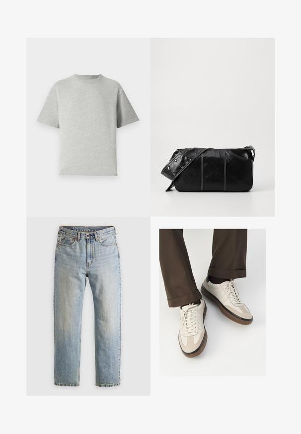 Chaqueta acolchada en gris oscuro con cuello acanalado, cierre completo y dos bolsillos delanteros. Textura de acolchado con una silueta ligeramente recortada.; Camiseta de algodón gris con mangas cortas, cuello redondo y un corte relajado. La tela tiene una textura suave y detalles de costura mínimos.; Jeans de mezclilla azul claro de cintura alta, con botón frontal, cremallera y diseño de cinco bolsillos, dispuestos sobre un fondo neutro.; Zapatillas beige con un frente de ante texturizado, lados de cuero liso y suela de goma marrón. Incluyen cordones y un detalle de costura ligera.; Bolso de hombro de cuero negro con cierre de cremallera, que presenta un cuerpo texturizado, costuras blancas y una correa con ojales plateados.