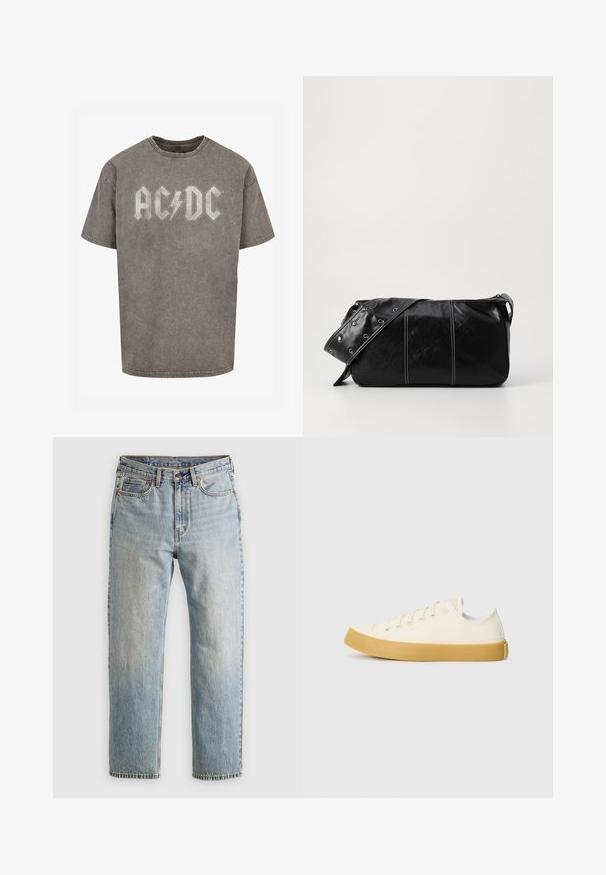 Puffjacka i mörkgrå med ribbad krage, hel dragkedja och två framfickor. Kviltad textur med en något kortad siluett.; Grå oversized t-shirt i bomull med en blekt, sliten textur. Har en djärv AC/DC-logotyp i en kontrasterande ljus färg.; Ljusblå denimjeans med hög midja, framknäppning, dragkedja och femficksdesign, placerade platt på en neutral bakgrund.; Canvas sneakers i off-white med rund tå, med beige gummisulor och fem öglor för snören, texturerad finish på ovandelen.; Svart läder axelväska med dragkedjestängning, som har en texturerad yta, vit sömnad och ett bälte med silveröglor.