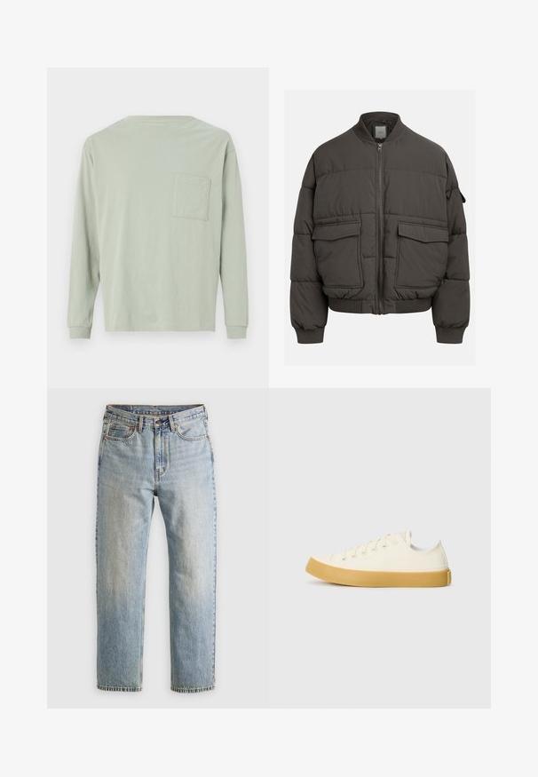 Tamsiai pilkas pūkinis švarkas su raukšlėta apykakle, pilnu užtrauktuku ir dviem priekinėmis kišenėmis. Siūtas raštas su šiek tiek pasiekta siluetu.; Šviesiai žalia medvilninė marškinėlių su ilgomis rankovėmis. Turi apvalų iškirpimą ir vieną krūtinės kišenę. Minkšta tekstūra, elementarus siluetas ir paprastas dizainas.; Šviesiai mėlynos džinsinės kelnės su aukštu liemeniu, priekyje mygtukas, užtrauktukas ir penkių kišenių dizainas, išklotos ant neutralios fono.; Oficio drobės sneakeriai baltai kreminės spalvos, su apvaliu galiuku, su smėlio spalvos guminiais padais ir penkiomis skylėmis raištams, turintys tekstūruotą viršutinę dalį.
