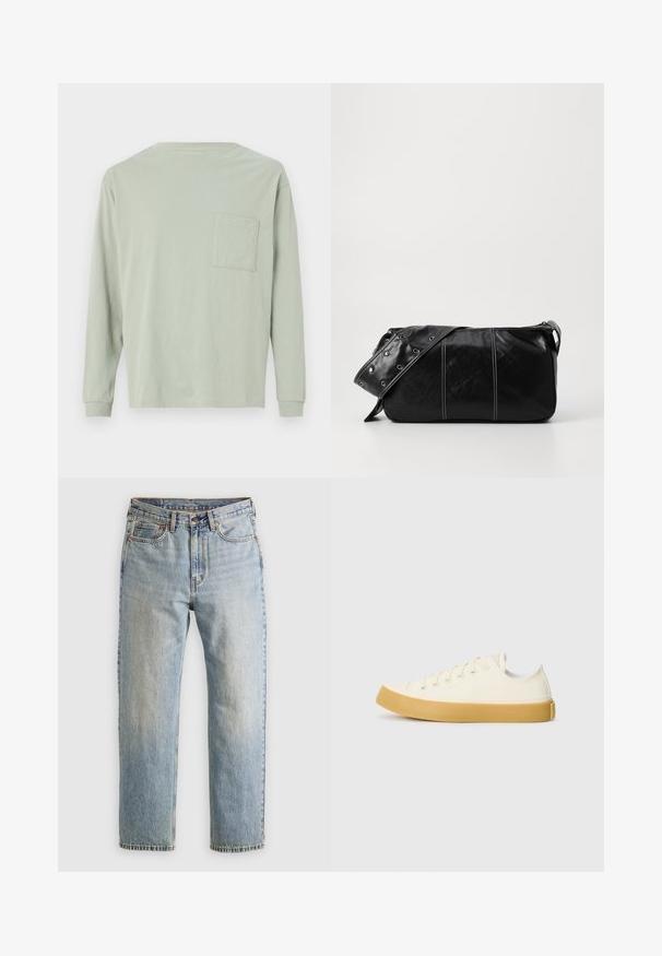 Tumed hallide puhvjakas, millel on ribatud krae, täispikk tõmbluku sulgemine ja kaks esimest taskut. Läbiv õmblustest koosnev tekstuur ning veidi lühendatud siluett.; Kerge rohelisest puuvillast pika varrukaga T-särk. Omab ümmargust kaelust ja ühte rinna taskut. Pehme tekstuur, lihtne lõige ja tagasihoidlik disain.; Heledad hele sinine teksapükste kõrge vöökoht, ees nupuga, lukuga ja viie taskuga disain, asetatud tasasele neutraalsele taustale.; Kangasneakerid kreemjas valges, ümmarguse varbaga, beeži kummitaldaga ja viie silmaga paelte jaoks, tekstuurse viimistlusega ülaserv.; Must mustra nahkainine õlakott, millel on tõmblukk, tekstureeritud pind, valged õmblused ja rihm hõbedaste rõngastega.