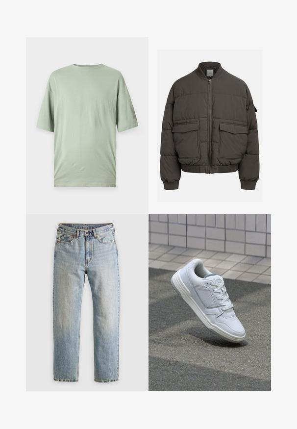 Pufová bunda v tmavošedej farbe s ribovaným golierom, plným zipsom a dvoma prednými vreckami. Prešívaná textúra s mierne skráteným strihom.; Svetlozelené tričko s krátkym rukávom vyrobené z mäkkej tkaniny. Má okrúhly výstrih a voľný strih bez viditeľných vzorov alebo ozdôb.; Svetlomodré džínsy s vysokým pásom, predným gombíkom, zipsom a dizajnom s piatimi vreckami, rozložené na neutrálnom pozadí.; Biele kožené tenisky s perforovanými stranami, textúrovanými akcentmi, plochými šnúrkami a kontrastnou sivou pätou. Majú mierne zvýšenú podrážku.