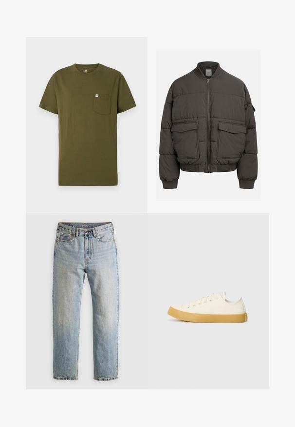 Tamsiai pilkas pūkinis švarkas su raukšlėta apykakle, pilnu užtrauktuku ir dviem priekinėmis kišenėmis. Siūtas raštas su šiek tiek pasiekta siluetu.; Alyvuogių žalia medvilninė marškinėliai su apvalia iškirpte, trumpomis rankovėmis ir kairėje krūtinės pusėje esanti kišenė su mažu prekinio ženklo etiketė. Lygus paviršius.; Šviesiai mėlynos džinsinės kelnės su aukštu liemeniu, priekyje mygtukas, užtrauktukas ir penkių kišenių dizainas, išklotos ant neutralios fono.; Oficio drobės sneakeriai baltai kreminės spalvos, su apvaliu galiuku, su smėlio spalvos guminiais padais ir penkiomis skylėmis raištams, turintys tekstūruotą viršutinę dalį.