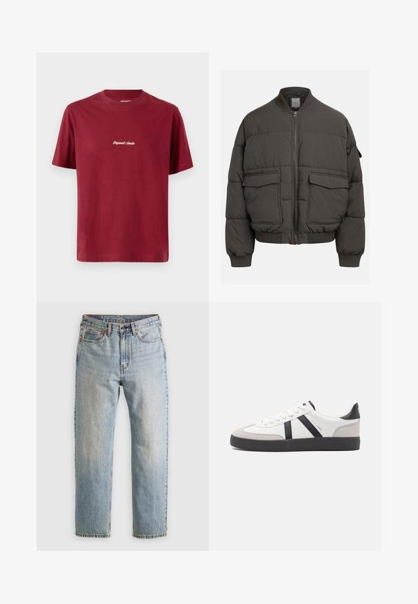 Puffer jacket in dark gray with a ribbed collar, full zip, and two front pockets. Quilted texture with a slightly cropped silhouette.; Burgundy cotton t-shirt with short sleeves and a crew neck. Features white embroidered text saying "Originals Studio" on the front.; Light blue denim jeans with high waist, front button, zipper, and five-pocket design, laid flat on a neutral background.; White sneaker with black and gray accents, featuring a textured gray toe cap, black rubber sole, and flat white laces. Clean design, minimalist style.