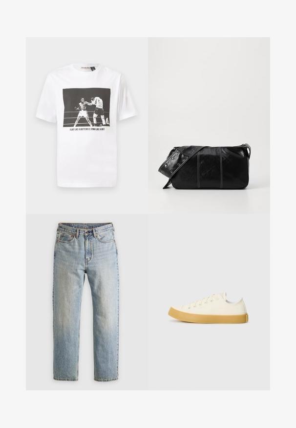 Puffjakke i mørkegrått med ribbet krage, hel glidelås og to frontlommer. Kviltet tekstur med en litt cropped silhuett.; Hvit bomulls t-skjorte med et svart-hvitt grafikk av to boksere og teksten "SVEV SOM EN SOMMERFUGL, STIKK SOM ENBI."; Lys blå denim jeans med høy midje, frontknapp, glidelås og fem-lommers design, lagt flatt på en nøytral bakgrunn.; Canvas sneakers i off-white med rund tå, med beige gummisåler og fem hull for lisser, strukturert finish på overdelen.; Svart lær skulderveske med glidelås, med teksturert overflate, hvite sømmer og en stropp med sølvringer.