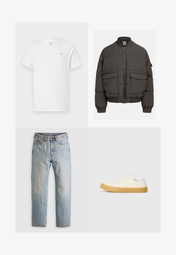 Chaqueta acolchada en gris oscuro con cuello acanalado, cierre completo y dos bolsillos delanteros. Textura de acolchado con una silueta ligeramente recortada.; Camiseta de algodón blanca con cuello en V, mangas cortas y un pequeño logo bordado en la parte superior izquierda del pecho. Textura suave.; Jeans de mezclilla azul claro de cintura alta, con botón frontal, cremallera y diseño de cinco bolsillos, dispuestos sobre un fondo neutro.; Zapatillas de lona en color blanco roto con punta redonda, que cuentan con suelas de goma beige y cinco ojetes para los cordones, acabado texturizado en la parte superior.