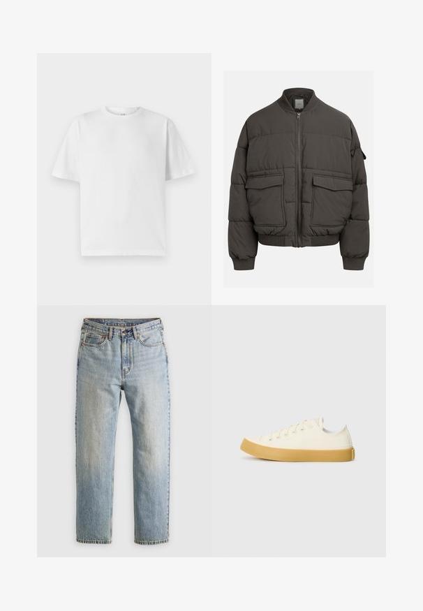 Oppustelig jakke i mørkegrå med ribbet krave, fuld lynlås og to for- lommer. Vatteret struktur med en let cropped silhuet.; Hvid bomulds T-shirt med rund halsudskæring og korte ærmer. Har en løs pasform og en glat tekstur. Ingen synlige mønstre eller grafikker.; Lysblå denim jeans med høj talje, frontknap, lynlås og fem-lomme design, lagt fladt på en neutral baggrund.; Læder sneakers i off-white med rund tå, der har beige gummisåler og fem øjer til snørebånd, struktureret finish på overdelen.