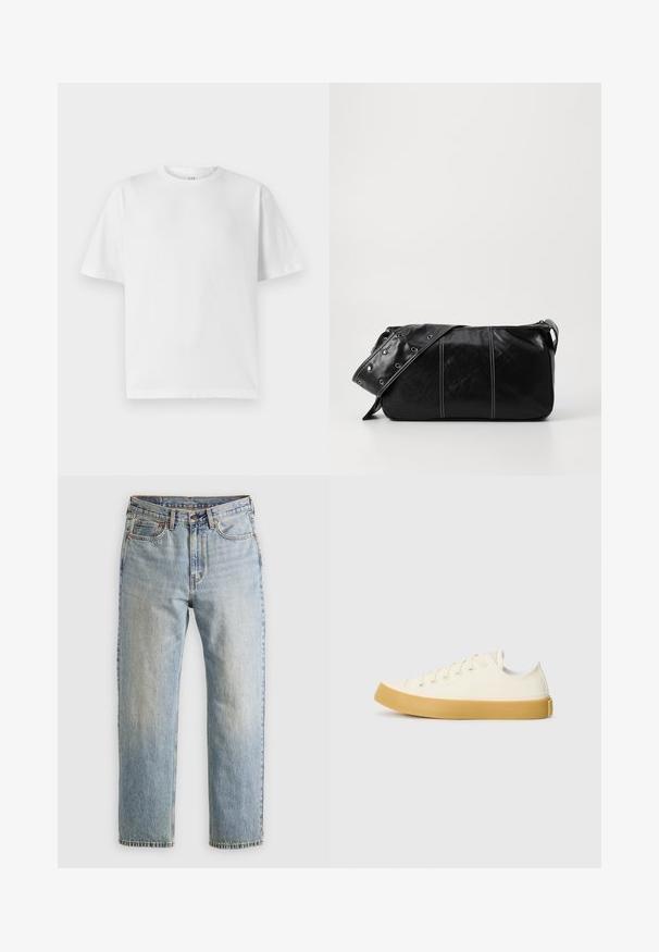 Sötét szürke puffernadrág, bordás gallérral, teljes cipzárral és két elülső zsebbel. Kockázott textúrával és enyhén rövidített szilhouette-val.; Fehér pamut póló kerek nyakkivágással és rövid ujjakkal. Laza szabású és sima textúrájú. Nincsenek látható minták vagy grafikák.; Világoskék farmernadrág magas derékkal, elülső gombbal, cipzárral és öt zsebbel, sima háttérre fektetve.; Krémszínű vászon sportcipő, kerek orral, bézs gumi talppal és öt fűzőlyukkal, a felső részen texturált felülettel.; Fekete bőr válltáska, cipzárral zárva, texturált felülettel, fehér varrással és ezüst fémgyűrűs pánttal.