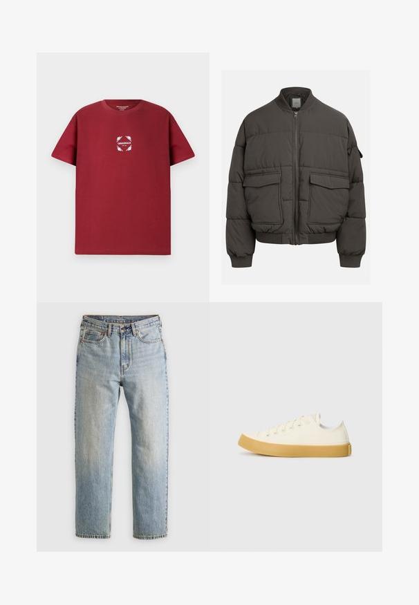 Donzen jas in donkergrijs met een geribbelde kraag, volledige rits en twee voorzakken. Gequilte textuur met een iets verkorte silhouette.; Bordeaux katoenen t-shirt met korte mouwen, met een wit grafisch cirkeldesign met het woord "ORIGINALS" en bladvormen op de voorkant.; Lichtblauwe denim jeans met hoge taille, frontknop, rits en vijfzakkenontwerp, plat gelegd op een neutrale achtergrond.; Canvas sneakers in off-white met een ronde neus, voorzien van beige rubberen zolen en vijf oogjes voor veters, met een gestructureerde afwerking op de bovenkant.