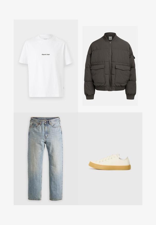 Jachetă puffer de culoare gri închis, cu guler ribflat, fermoar complet și două buzunare frontale. Textură matlasată cu o siluetă ușor scurtă.; Tricou alb din bumbac cu mâneci scurte, având un mic logo negru "Originals Studio" pe piept și o etichetă texturată pe margine.; Jeans din denim de culoare albastru deschis, cu talie înaltă, nasture frontal, fermoar și design cu cinci buzunare, așezate platesc pe un fundal neutru.; Tenisi din pânză de culoare albă murdară, cu vârf rotund, dotati cu talpă din cauciuc bej și cinci găuri pentru șireturi, cu un finisaj texturat pe partea superioară.