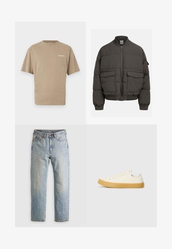 Oppustelig jakke i mørkegrå med ribbet krave, fuld lynlås og to for- lommer. Vatteret struktur med en let cropped silhuet.; Beige bomulds-t-shirt med korte ærmer og rund hals. Har "Club1990" trykt i hvidt på venstre bryst. Glat tekstur, almindelig pasform.; Lysblå denim jeans med høj talje, frontknap, lynlås og fem-lomme design, lagt fladt på en neutral baggrund.; Læder sneakers i off-white med rund tå, der har beige gummisåler og fem øjer til snørebånd, struktureret finish på overdelen.