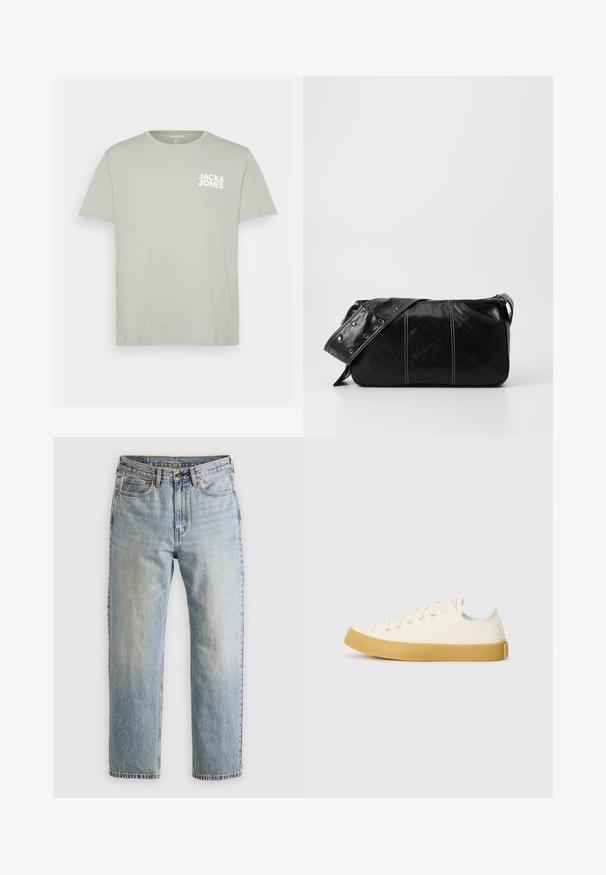 Oppustelig jakke i mørkegrå med ribbet krave, fuld lynlås og to for- lommer. Vatteret struktur med en let cropped silhuet.; Kortærmet, lys grøn bomulds t-shirt med rund hals og hvid "JACK & JONES" logo trykt på venstre brystområde.; Lysblå denim jeans med høj talje, frontknap, lynlås og fem-lomme design, lagt fladt på en neutral baggrund.; Læder sneakers i off-white med rund tå, der har beige gummisåler og fem øjer til snørebånd, struktureret finish på overdelen.; Sort læder skuldertaske med lynlås, der har en tekstureret overflade, hvid syning og en rem med sølvøskner.